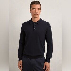 REISS navy Merino Wool Long-Sleeve Polo Shirt